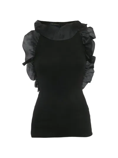 Pre-owned Roberto Cavalli Vintage Ruffle-trim Knit Blouse In Black