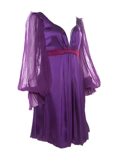 Pre-owned Roberto Cavalli Vintage Sheer-sleeved Embroidered Dress In Purple
