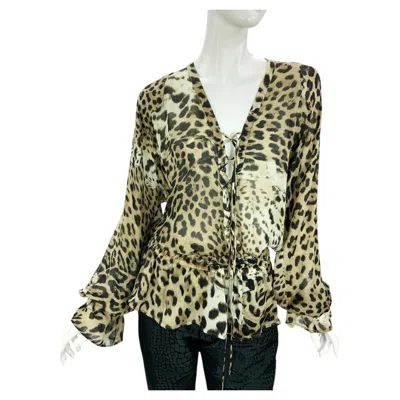Pre-owned Roberto Cavalli Vintage Silk Animal Print Lace Up Top Blouse It 42 Oversize In Sand