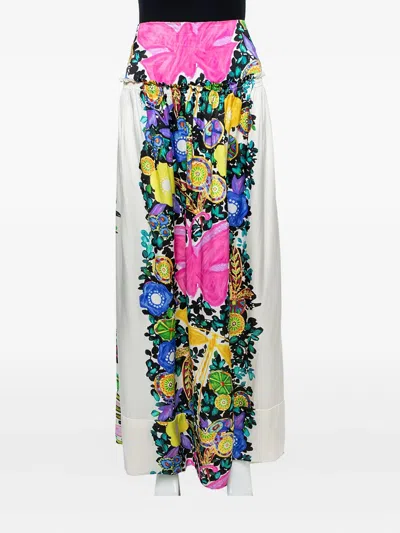 Pre-owned Roberto Cavalli Vintage Silk Maxi Skirt In White