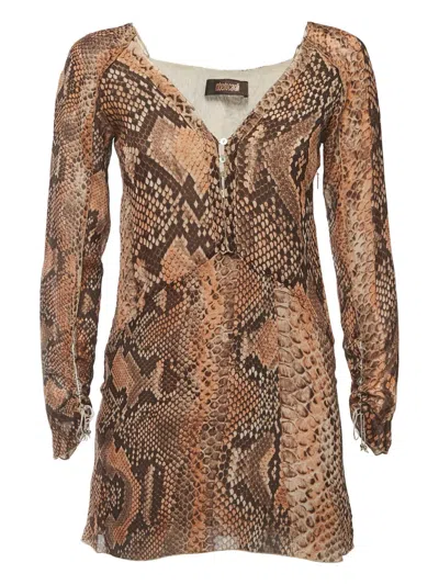 Pre-owned Roberto Cavalli Vintage Snake-print Mini Dress In Brown