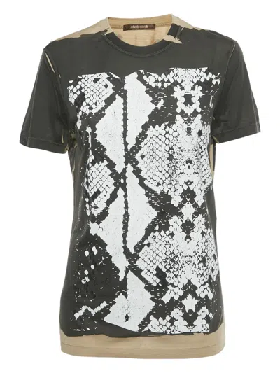 Pre-owned Roberto Cavalli Vintage Snakeskin-print Cotton T-shirt In Brown