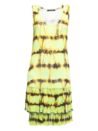 Pre-owned Roberto Cavalli Vintage Tie-dye Ruffle Dress In Yellow