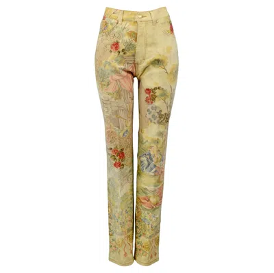Pre-owned Roberto Cavalli Vintage Victorian Print Jeans With Suede Roses In Brown