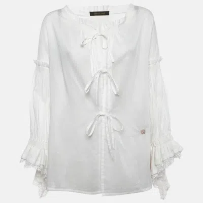 Pre-owned Roberto Cavalli Vintage White Cotton Smocked Ruffled Blouse M