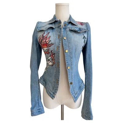 Pre-owned Roberto Cavalli Vintage Women's Denim Jacket With Floral Embroidery In Gray