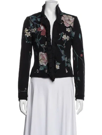 Pre-owned Roberto Cavalli Virgin Wool Floral Print Jacket In Black