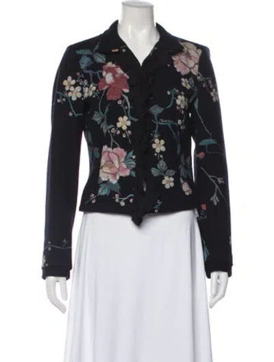 Pre-owned Roberto Cavalli Virgin Wool Floral Print Jacket In Blue