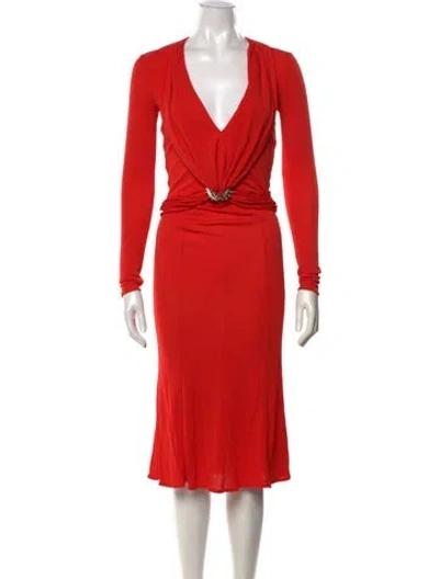 Pre-owned Roberto Cavalli V-neck Midi Length Dress In Red