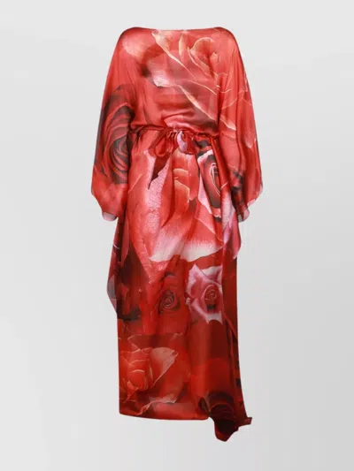 Roberto Cavalli Waist Belted Flowy Floral Knee Length Dress In Red