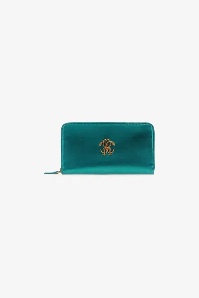 Roberto Cavalli Wallet With Monogram Rc And Zip In Green