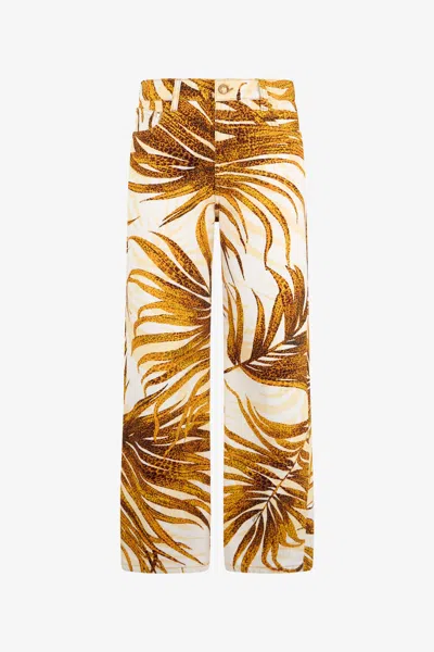 Roberto Cavalli White Golden Palm Print Jeans In Yellow