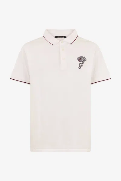Roberto Cavalli White Cotton Polo With Embroidered Snake In Neutral