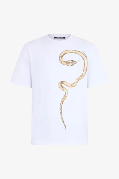 Roberto Cavalli Weisses T-shirt Mit Gedruckter Schlange In White