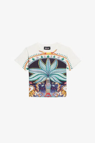 Roberto Cavalli Kids' Weisses T-shirt Mit Tropical-garden-print In White