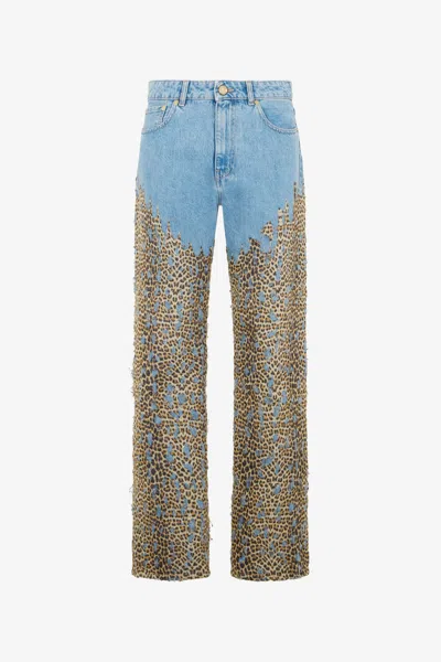 Roberto Cavalli Wide Leg Denim Jeans With Baby Jaguar Print In Blue