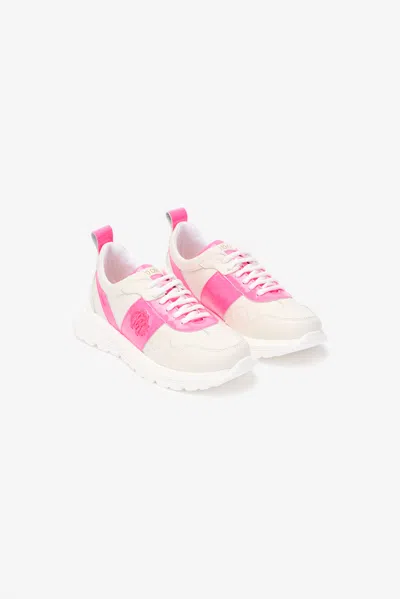 Roberto Cavalli White And Pink Leather Running Shoes With Monogram Rc In Multi