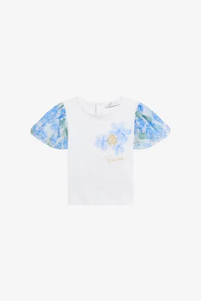Roberto Cavalli White Cotton T-shirt With Floral Sleeves