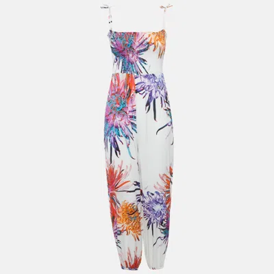 Roberto Cavalli White Floral Print Cotton Smock Detail Jumpsuit In Multi