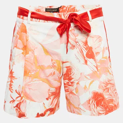 Roberto Cavalli White Floral Print Cotton Tie-up Waist Detail Shorts In Red