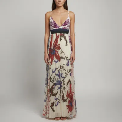 Pre-owned Roberto Cavalli White Floral Print Silk Crepe Décolleté Maxi Dress S