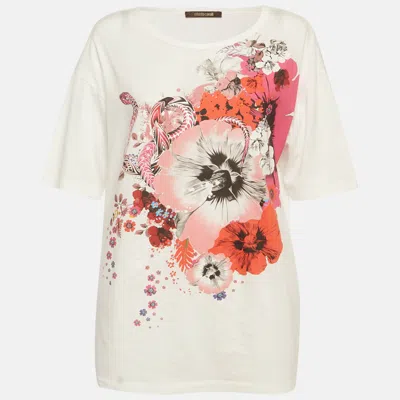 Roberto Cavalli White Floral Printed Cotton Knit T-shirt In Multi