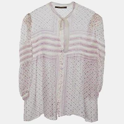 Pre-owned Roberto Cavalli White Floral Printed Silk Top M