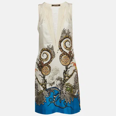 Pre-owned Roberto Cavalli White Floral Snake Print Satin Mini Dress M