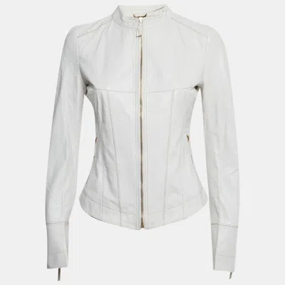 Pre-owned Roberto Cavalli White Leather Zip-up Jacket S