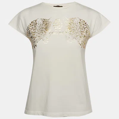 Roberto Cavalli White Leopard Logo Graphic Jersey T-shirt In Neutral
