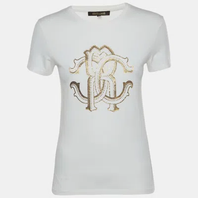Roberto Cavalli White Logo Graphic Jersey Knit T-shirt In Neutral