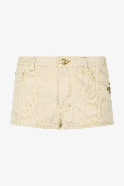 Roberto Cavalli White Micro Shorts With Gold Python Pattern In Multi