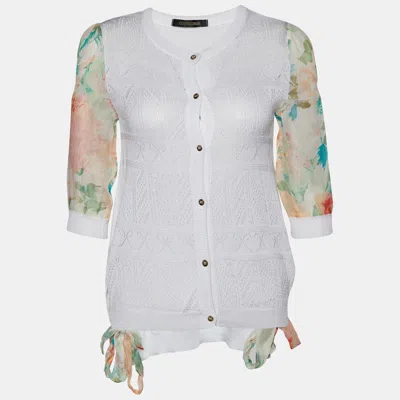 Roberto Cavalli White Perforated Knit & Printed Silk Sleeve Cardigan