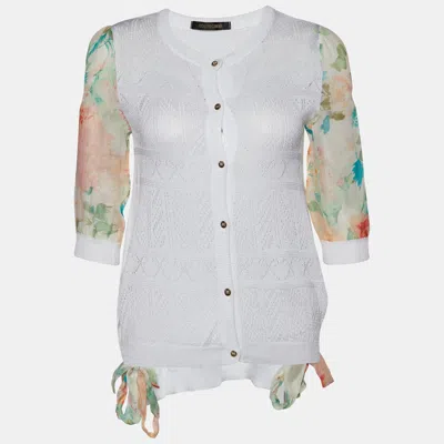 Roberto Cavalli White Perforated Knit & Printed Silk Sleeve Cardigan