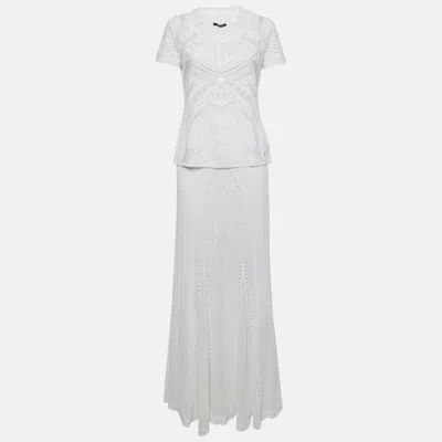 Pre-owned Roberto Cavalli White Perforated Knit Top & Maxi Skirt Set M