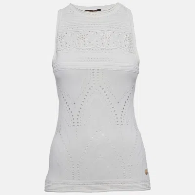 Pre-owned Roberto Cavalli White Pointelle Knit And Cotton Paneled Tank Top M