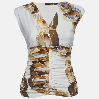Roberto Cavalli White Printed Jersey Ruche Top In Multi