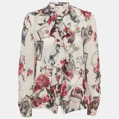 Pre-owned Roberto Cavalli White Printed Silk Chiffon Ruffled Sheer Top S