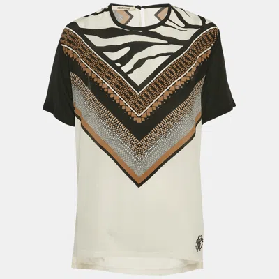 Pre-owned Roberto Cavalli White Printed Silk Short Sleeve Top M