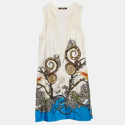 Pre-owned Roberto Cavalli White Printed Silk Swing Trim Sleeveless Dress M In Cream