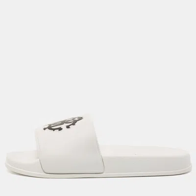 Pre-owned Roberto Cavalli White Rubber Rc Logo Slide Flats Size 42