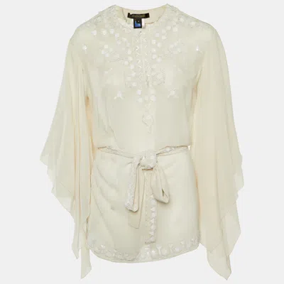 Pre-owned Roberto Cavalli White Sequin Embellished Silk Belted Blouse M