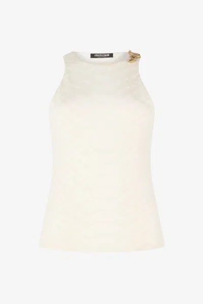 Roberto Cavalli White Sleeveless Top With Snake And Scale Print In Neutral