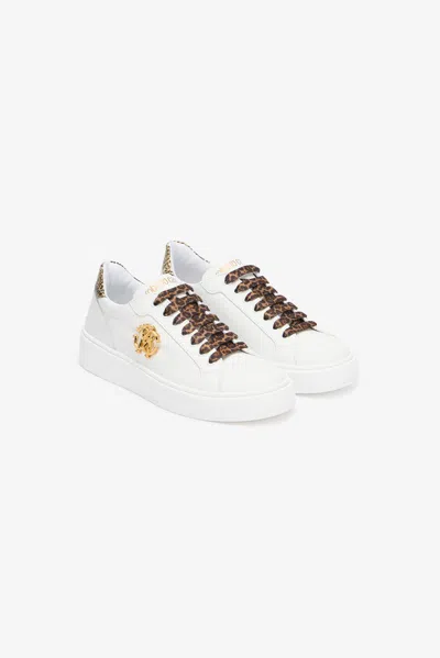 Roberto Cavalli White Sneaker With Leopard Print And Rc Monogram