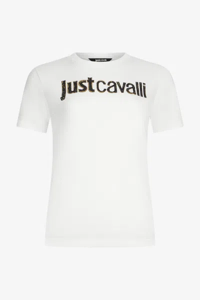 Roberto Cavalli White T-shirt With Embellished Logo In Multi