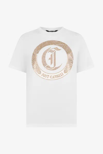 Roberto Cavalli White T-shirt With Logo And Studs In Multi