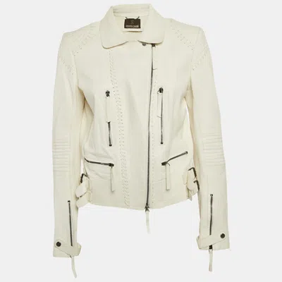 Pre-owned Roberto Cavalli White Textured Leather Zip-up Biker Jacket L