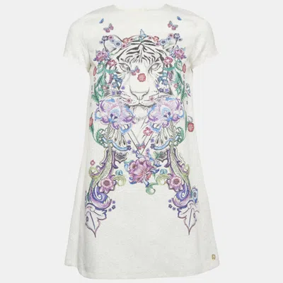 Pre-owned Roberto Cavalli White Tiger And Floral Print Jacquard A-line Mini Dress Xs
