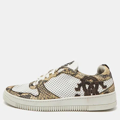 Pre-owned Roberto Cavalli White/beige Perforated Python Embossed Leather Low Top Sneakers Size 40