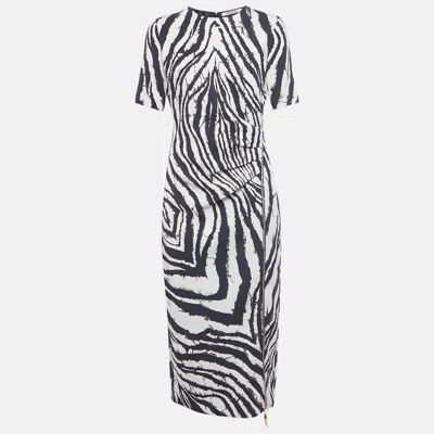 Pre-owned Roberto Cavalli White/black Printed Crepe Midi Dress M